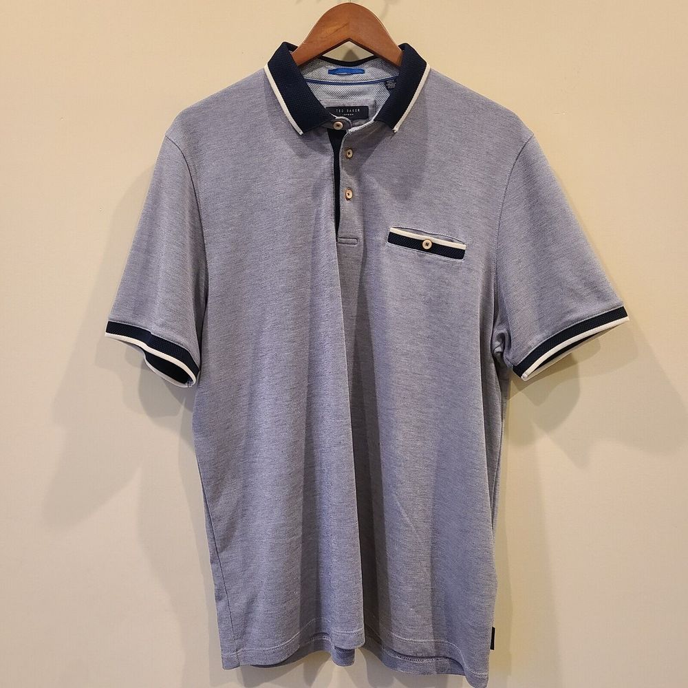 Ted Baker Mens Heathered Polo Shirt Size 6 Blue Modal Blend Contrast Trim Golf